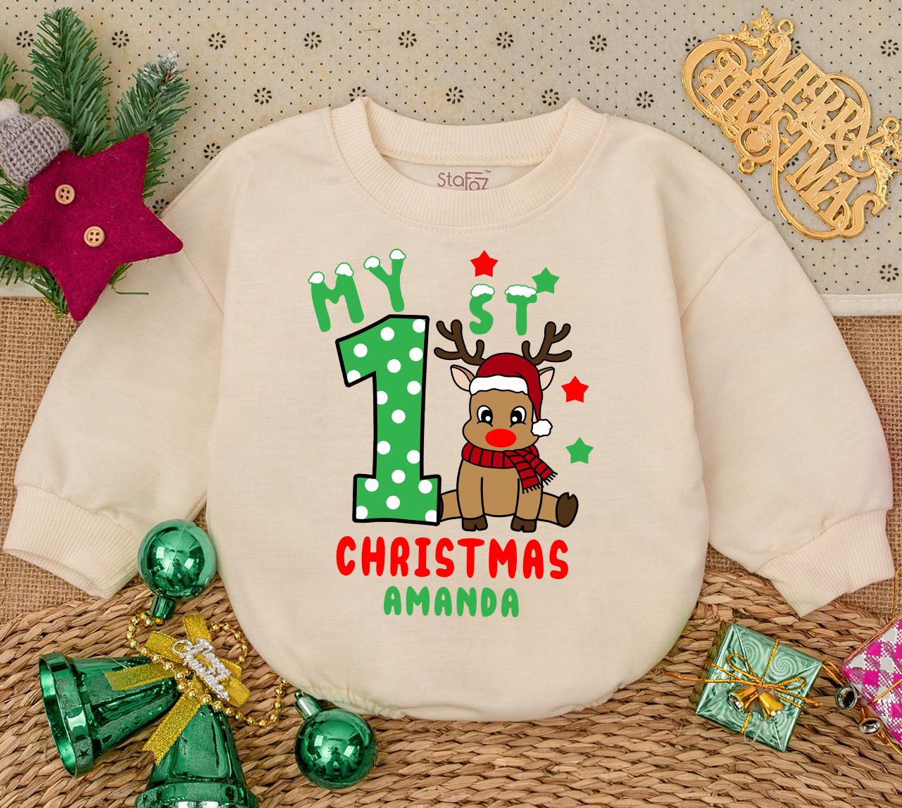 Personalized My 1st Christmas Baby Romper Sweatshirt with Cheerful Reindeer Stars & Snowflakes, Newborn First Holiday Outfit Baby Shower Gift
