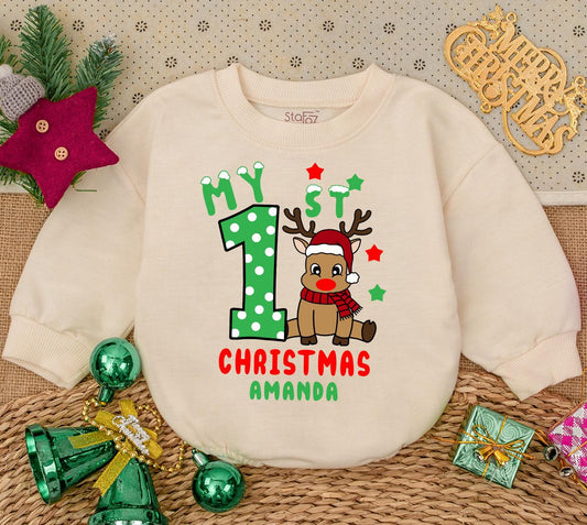 Personalized My 1st Christmas Baby Romper Sweatshirt with Cheerful Reindeer Stars & Snowflakes, Newborn First Holiday Outfit Baby Shower Gift
