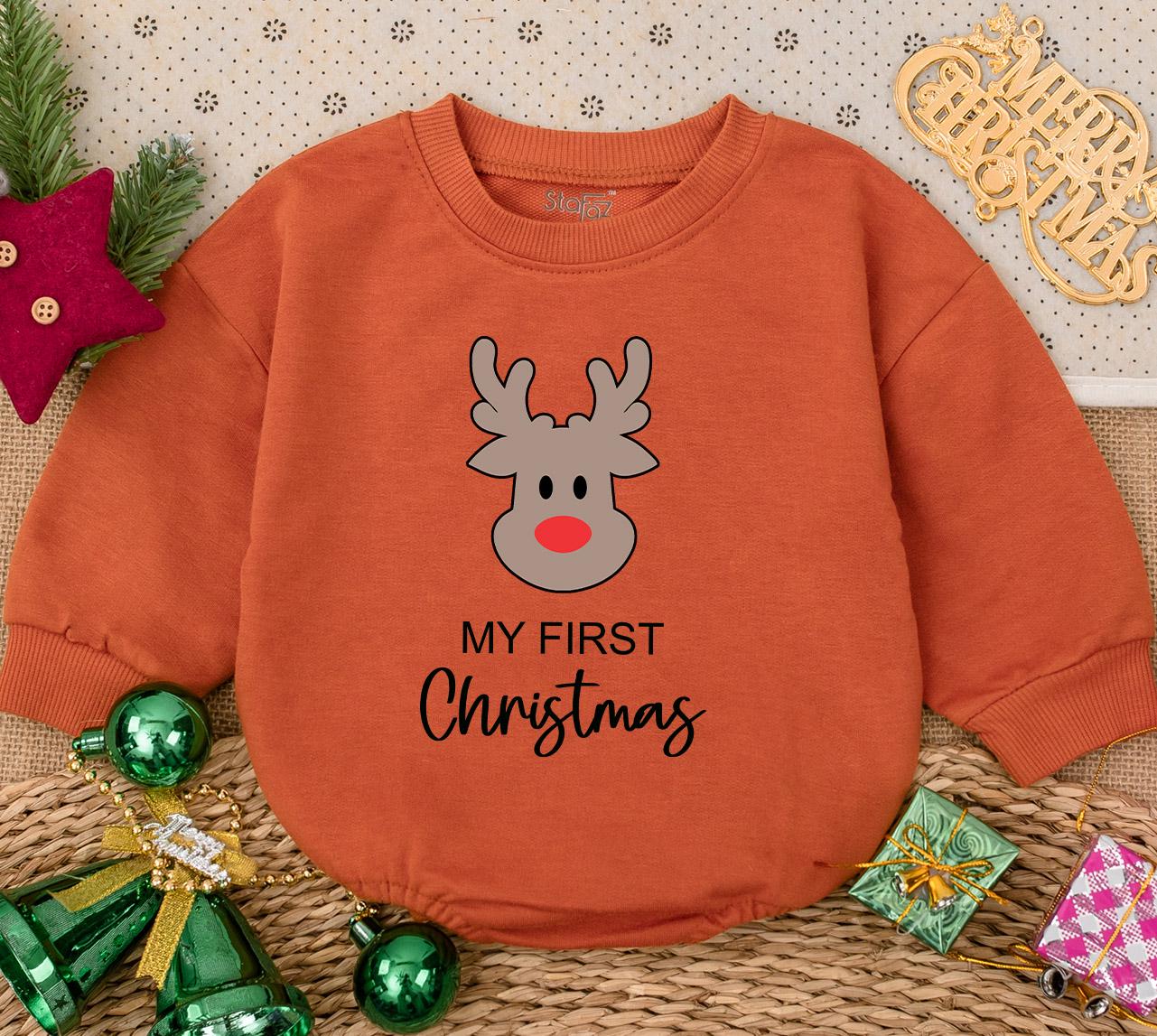 My First Christmas Baby Romper featuring Cute Reindeer Red Nose Design, a cozy newborn holiday sweatshirt for baby's first winter outfit.