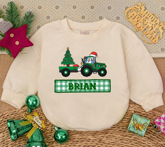 Personalized Green Tractor Christmas Romper Boys First Christmas Bodysuit Festive Cartoon Farm Vehicle Santa Hat Driver Custom Name Baby Winter Holiday Clothes Gift