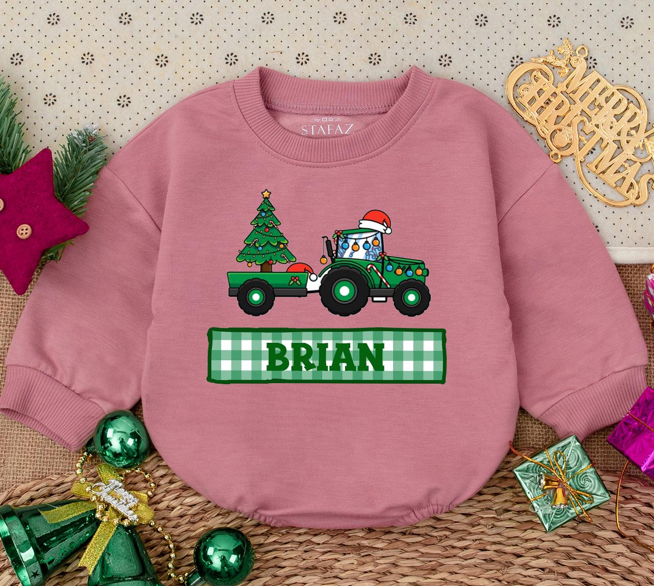 Personalized Green Tractor Christmas Romper Boys First Christmas Bodysuit Festive Cartoon Farm Vehicle Santa Hat Driver Custom Name Baby Winter Holiday Clothes Gift