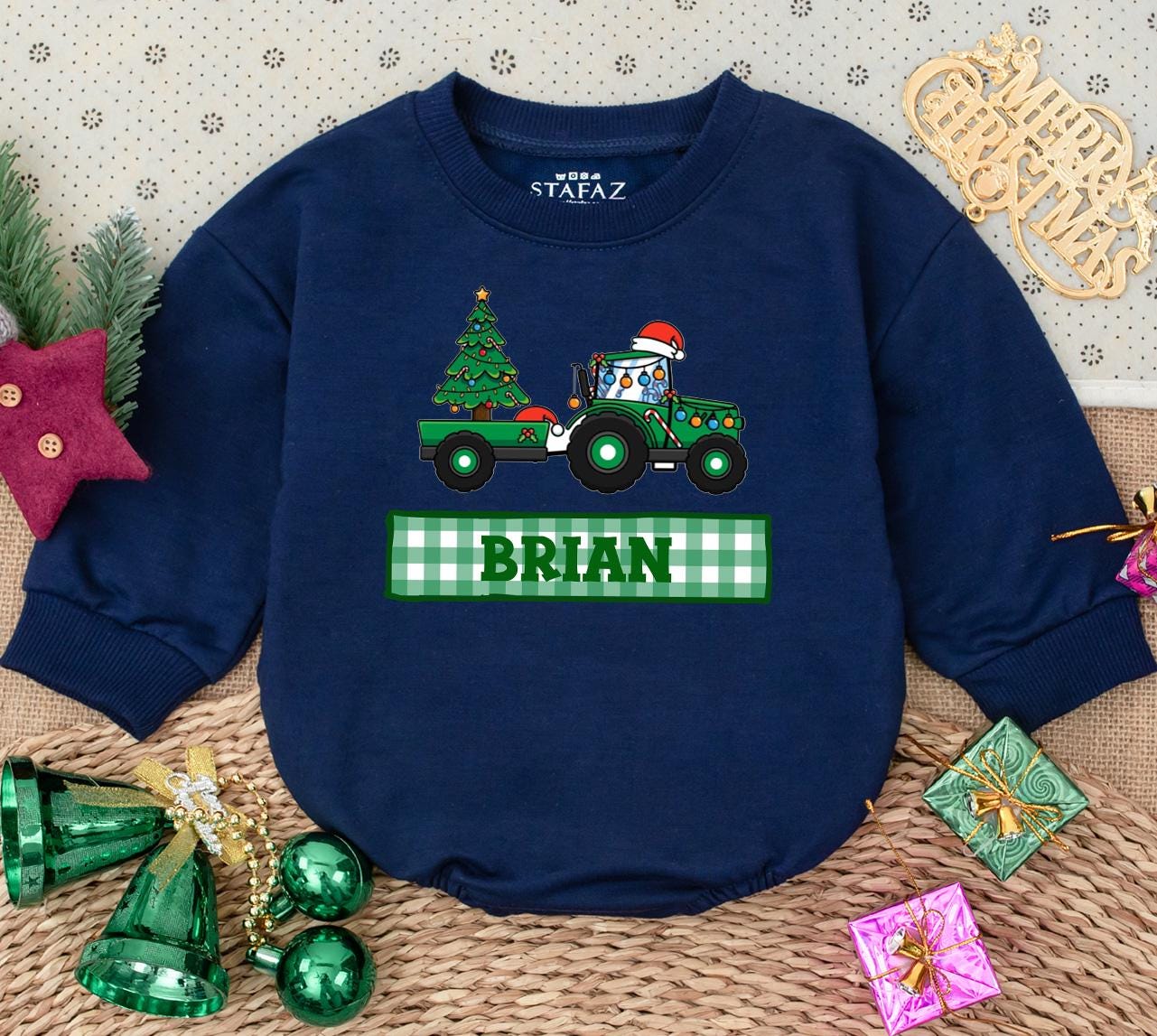 Personalized Green Tractor Christmas Romper Boys First Christmas Bodysuit Festive Cartoon Farm Vehicle Santa Hat Driver Custom Name Baby Winter Holiday Clothes Gift