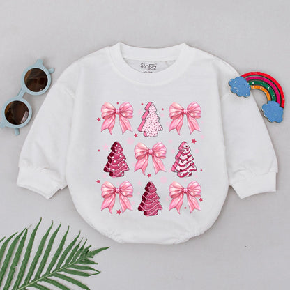 Retro Pink Christmas Tree Baby Girl Romper with Cookie Style Trees Iridescent Bows First Christmas Holiday Outfit Newborn Baby Shower Gift