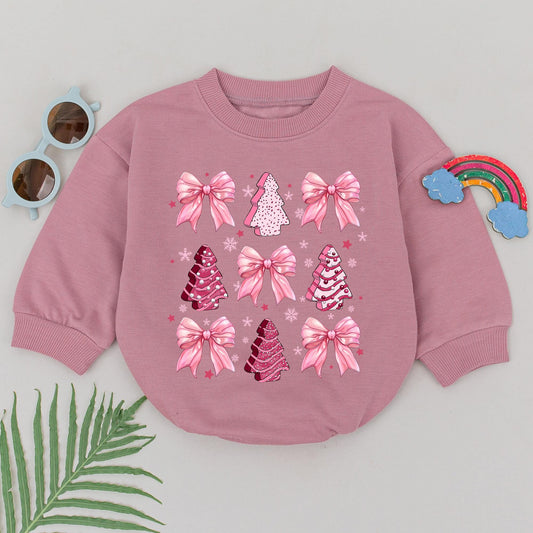 Retro Pink Christmas Tree Baby Girl Romper with Cookie Style Trees Iridescent Bows First Christmas Holiday Outfit Newborn Baby Shower Gift