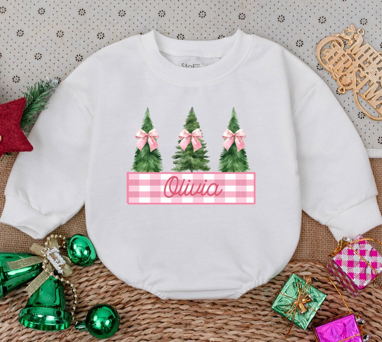 Personalized Baby Girl Christmas Romper with Watercolor Trees & Pink Bows, Sweet First Holiday Outfit Infant Bodysuit Winter Baby Shower Gift