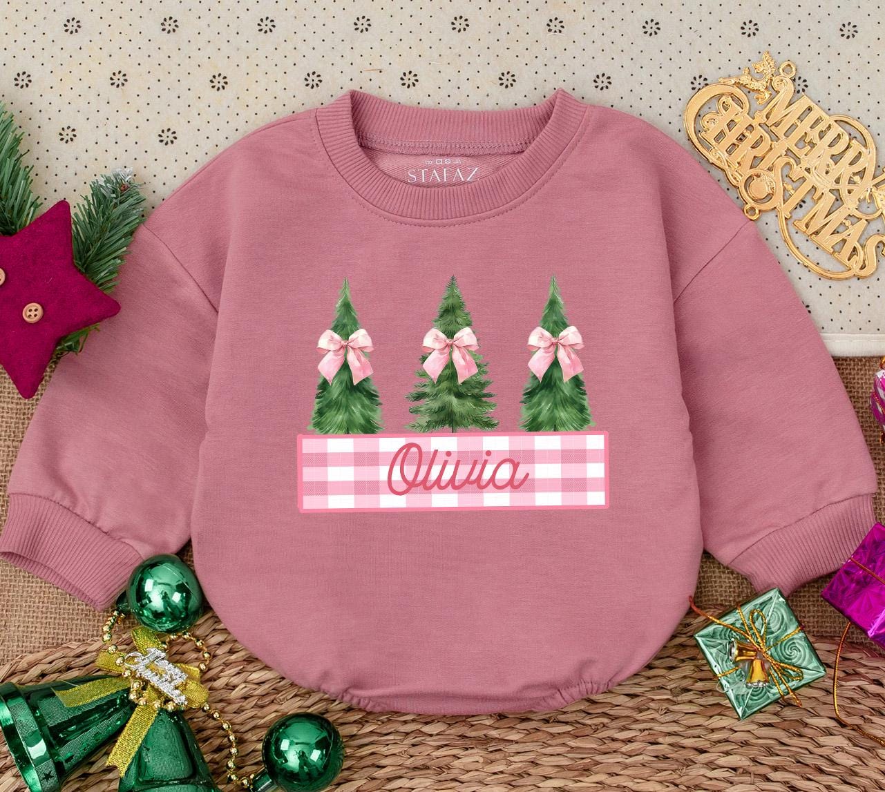 Personalized Baby Girl Christmas Romper with Watercolor Trees & Pink Bows, Sweet First Holiday Outfit Infant Bodysuit Winter Baby Shower Gift