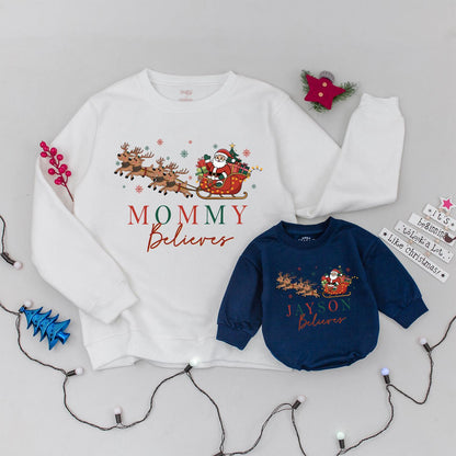 Personalized Matching Family Christmas Believes Sweatshirts Rompers Retro Santa Sleigh Design Hand-Drawn Red Green Snowflakes