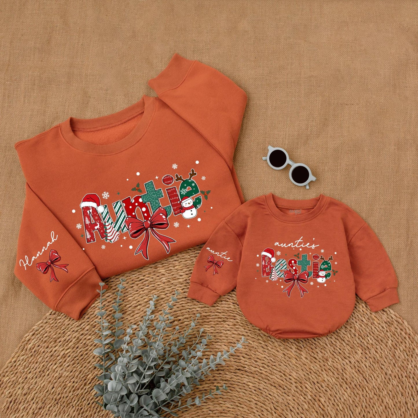 Personalized Christmas Auntie & Bestie Matching Sweatshirts Festive Red Green Holiday Design Snowmen Holly Stars Decorated Cozy Gift for Aunt
