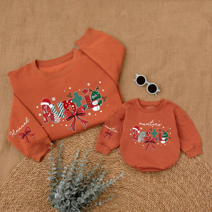 Personalized Christmas Auntie & Bestie Matching Sweatshirts Festive Red Green Holiday Design Snowmen Holly Stars Decorated Cozy Gift for Aunt