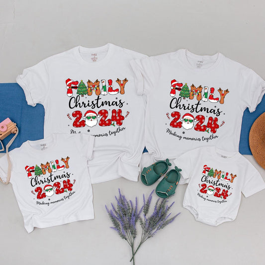 Family Christmas 2024 Making Memories Together Matching Shirts with Festive Santa Christmas Tree & Snowflake Design