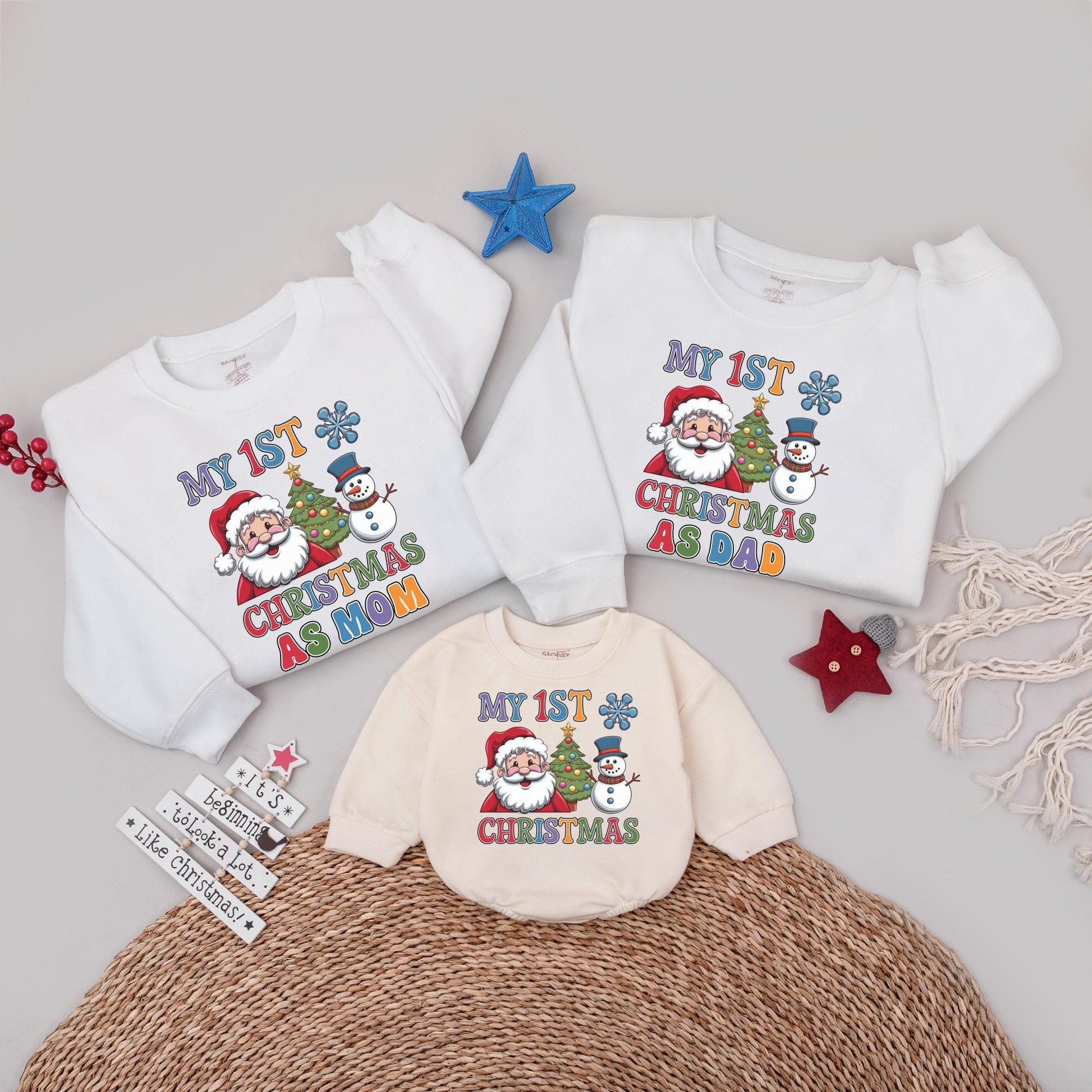 My 1st Christmas Family Sweatshirt Set, Santa, Tree & Snowman, Dad/Mom Matching Shirts, Festive Holiday Outfit, Playful Christmas Celebration! 