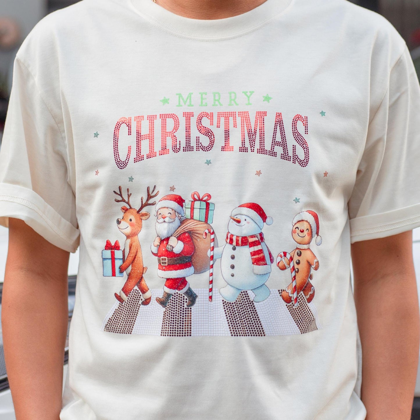 Merry Christmas Cartoon Crewneck, Walking Reindeer Santa Snowman Gingerbread Man Outfit Shirt, Festive Holiday Sparkle Clothes, Kid's Sequin Tee 139 chars