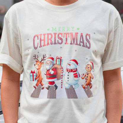 Merry Christmas Cartoon Crewneck, Walking Reindeer Santa Snowman Gingerbread Man Outfit Shirt, Festive Holiday Sparkle Clothes, Kid's Sequin Tee 139 chars