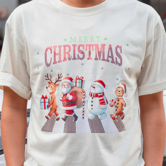 Merry Christmas Cartoon Crewneck, Walking Reindeer Santa Snowman Gingerbread Man Outfit Shirt, Festive Holiday Sparkle Clothes, Kid's Sequin Tee 139 chars