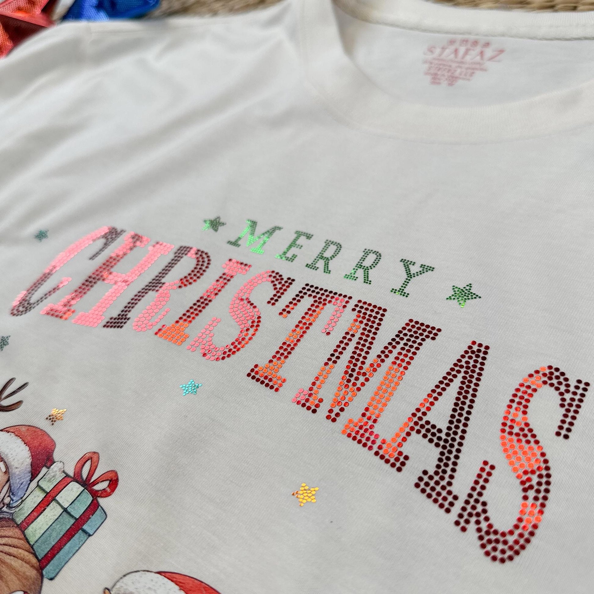 Merry Christmas Cartoon Crewneck, Walking Reindeer Santa Snowman Gingerbread Man Outfit Shirt, Festive Holiday Sparkle Clothes, Kid's Sequin Tee 139 chars