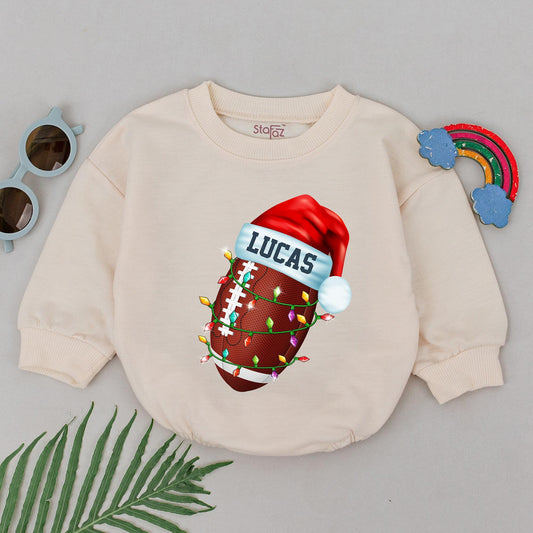 Personalized Baby Boy Football Christmas Romper, First Birthday Outfit with Festive Santa Hat and String Lights Design