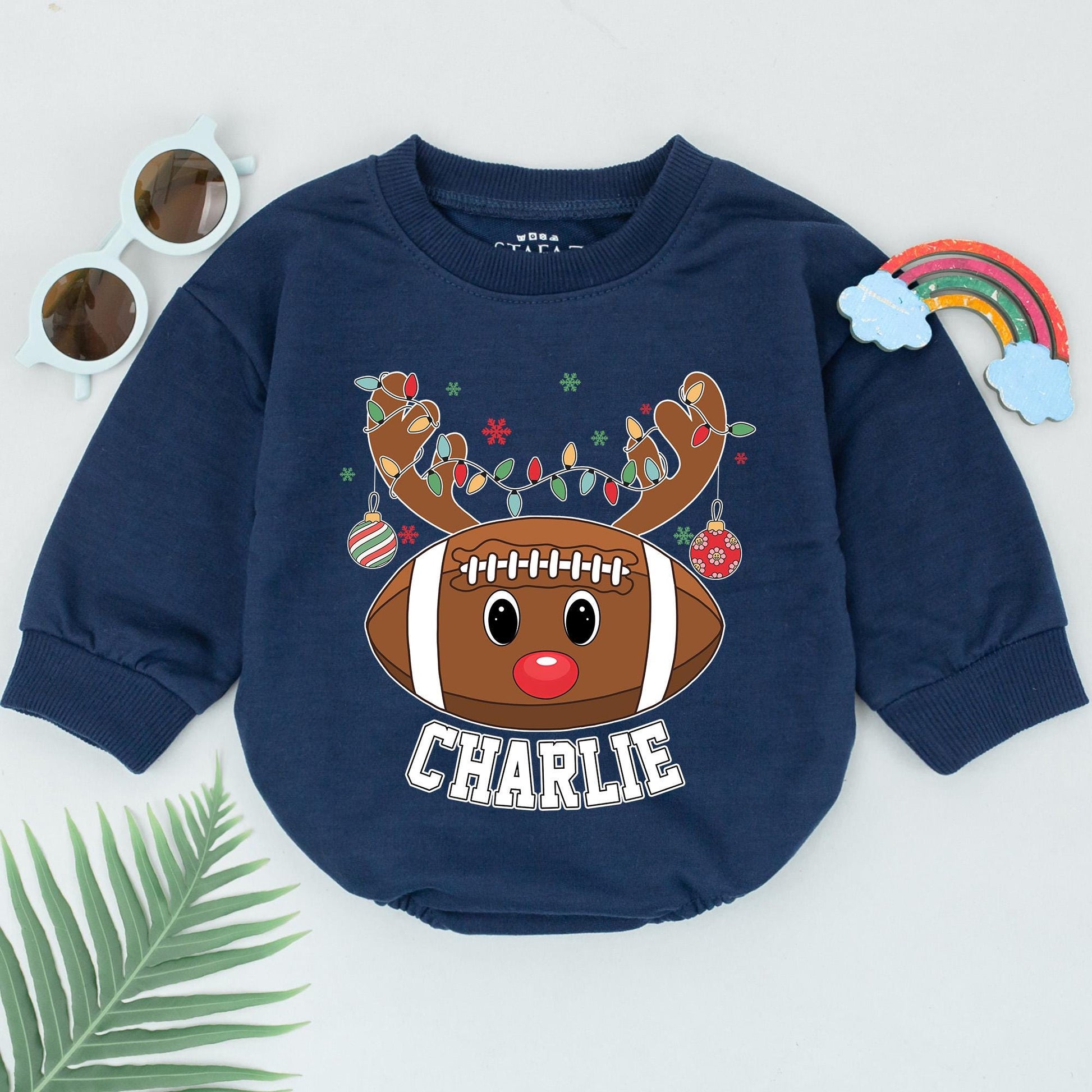 Personalized Football Reindeer Christmas Romper Baby Boy First Christmas Outfit with Antlered Football, Rudolph Nose, Lights and Snowflakes for Themed Gifts