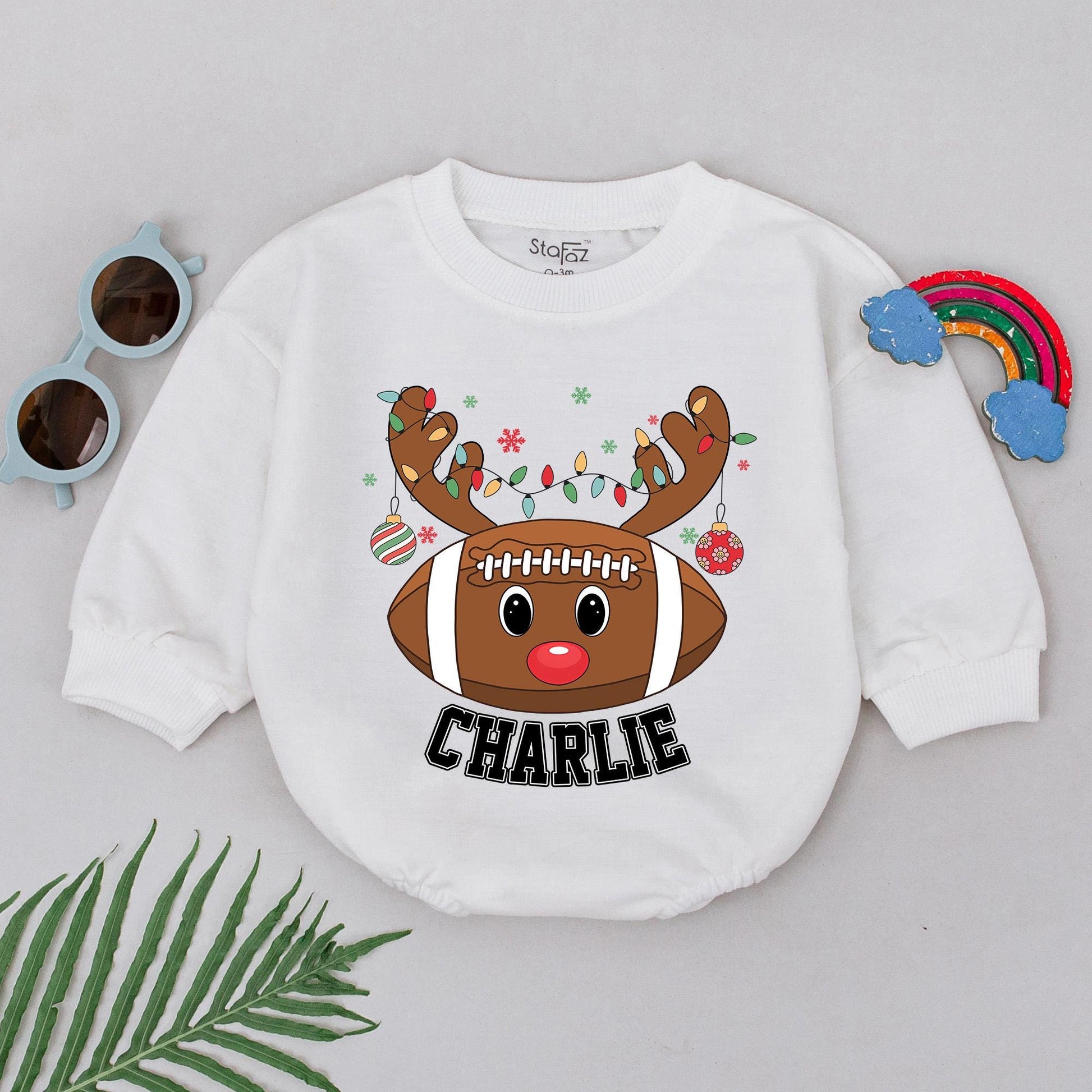 Personalized Football Reindeer Christmas Romper Baby Boy First Christmas Outfit with Antlered Football, Rudolph Nose, Lights and Snowflakes for Themed Gifts