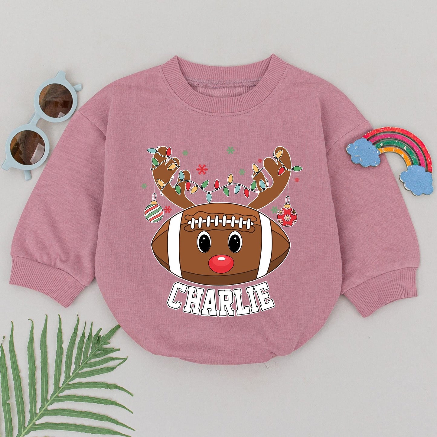 Personalized Football Reindeer Christmas Romper Baby Boy First Christmas Outfit with Antlered Football, Rudolph Nose, Lights and Snowflakes for Themed Gifts