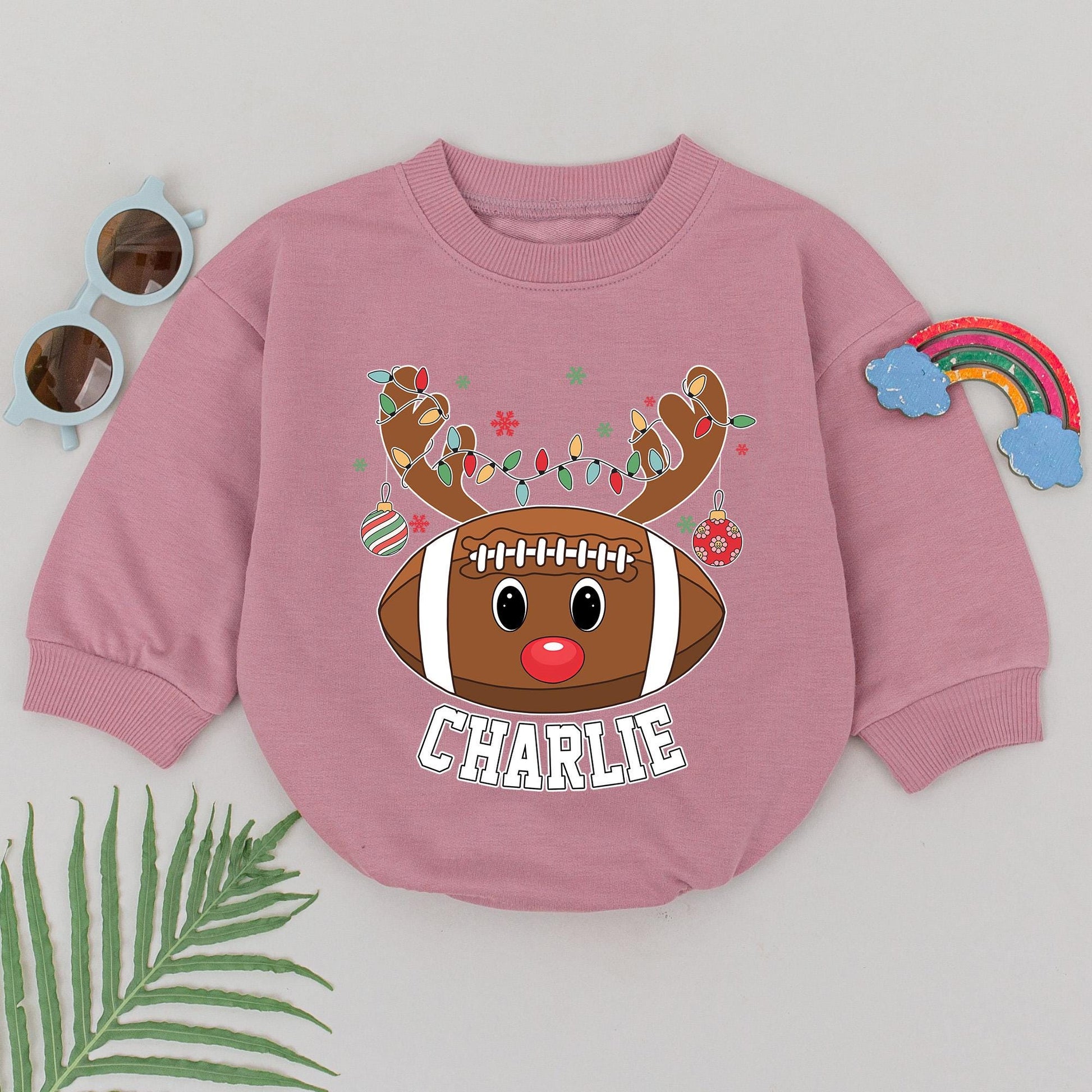 Personalized Football Reindeer Christmas Romper Baby Boy First Christmas Outfit with Antlered Football, Rudolph Nose, Lights and Snowflakes for Themed Gifts