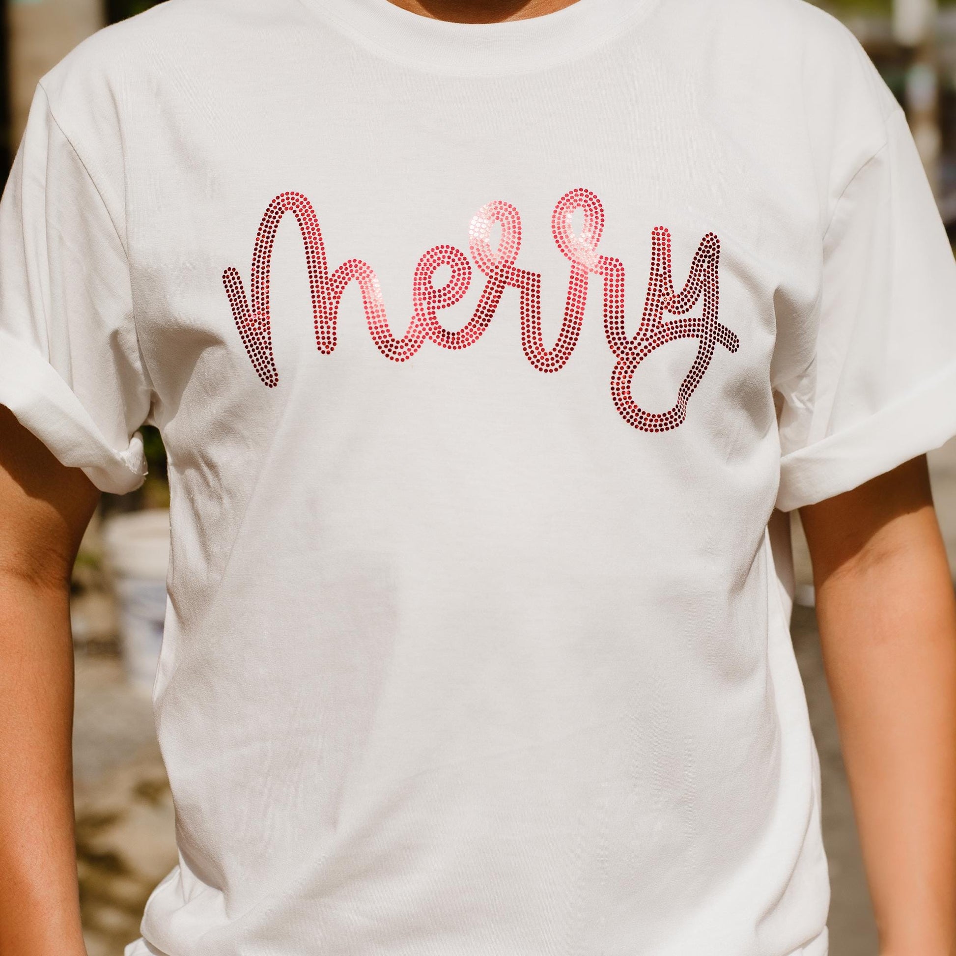 Merry Christmas Glitter Wordmark Shirt: Sparkly Holiday Tee with Shimmering Red & Pink Sequins, Festive Bling Bling Outfit, Women's Christmas Clothes