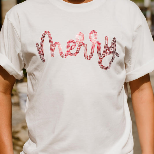 Merry Christmas Glitter Wordmark Shirt: Sparkly Holiday Tee with Shimmering Red & Pink Sequins, Festive Bling Bling Outfit, Women's Christmas Clothes