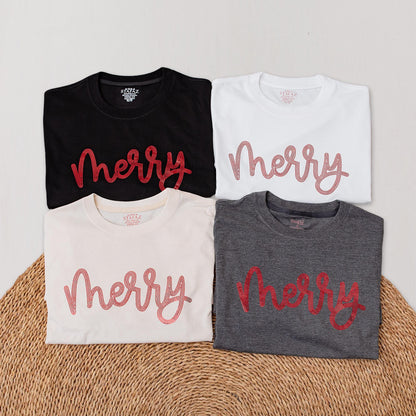 Merry Christmas Glitter Wordmark Shirt: Sparkly Holiday Tee with Shimmering Red & Pink Sequins, Festive Bling Bling Outfit, Women's Christmas Clothes