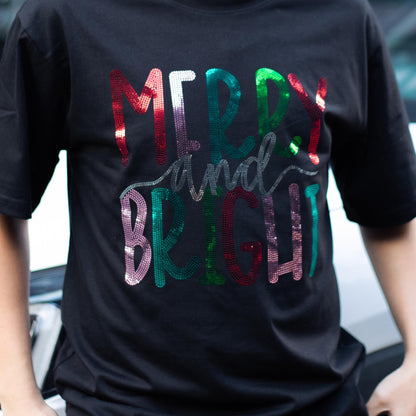 Merry and Bright Sequin Christmas Shirt for Girls & Boys Glitter Sparkle Tee Holiday Outfit Fun Festive Sequined Design Christmas Clothes Party Top 138char