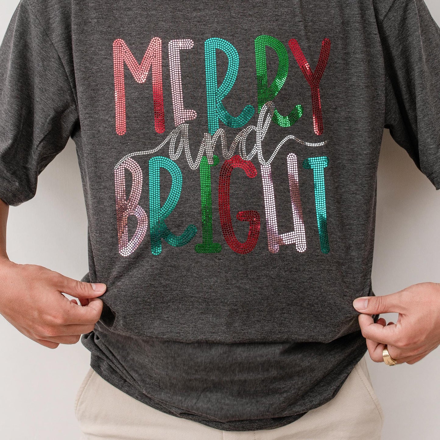 Merry and Bright Sequin Christmas Shirt for Girls & Boys Glitter Sparkle Tee Holiday Outfit Fun Festive Sequined Design Christmas Clothes Party Top 138char