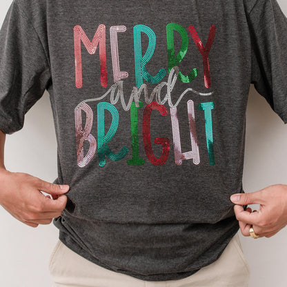 Merry and Bright Sequin Christmas Shirt for Girls & Boys Glitter Sparkle Tee Holiday Outfit Fun Festive Sequined Design Christmas Clothes Party Top 138char