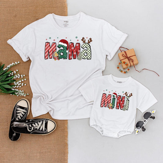 Festive Mama and Mini Christmas Matching Shirts, Playful Holiday Outfits for Mom and Son, Baby's First Christmas, Retro Style, Very Merry, Gift for Her (136 chars)