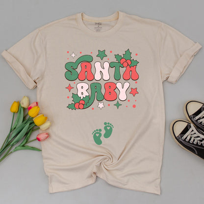 Pregnant Santa Baby Christmas Maternity Sweatshirt Vintage Retro Style New Mom Gift Pregnancy Reveal Expecting Festive Holiday Tee