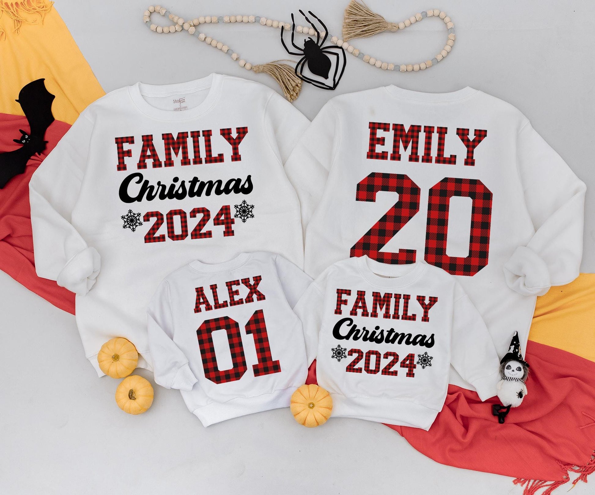 Personalized Family Christmas Sweatshirts 2024, Matching Buffalo Plaid Sweaters for Family, Custom Name Christmas Crew Baby Romper, Festive Holiday