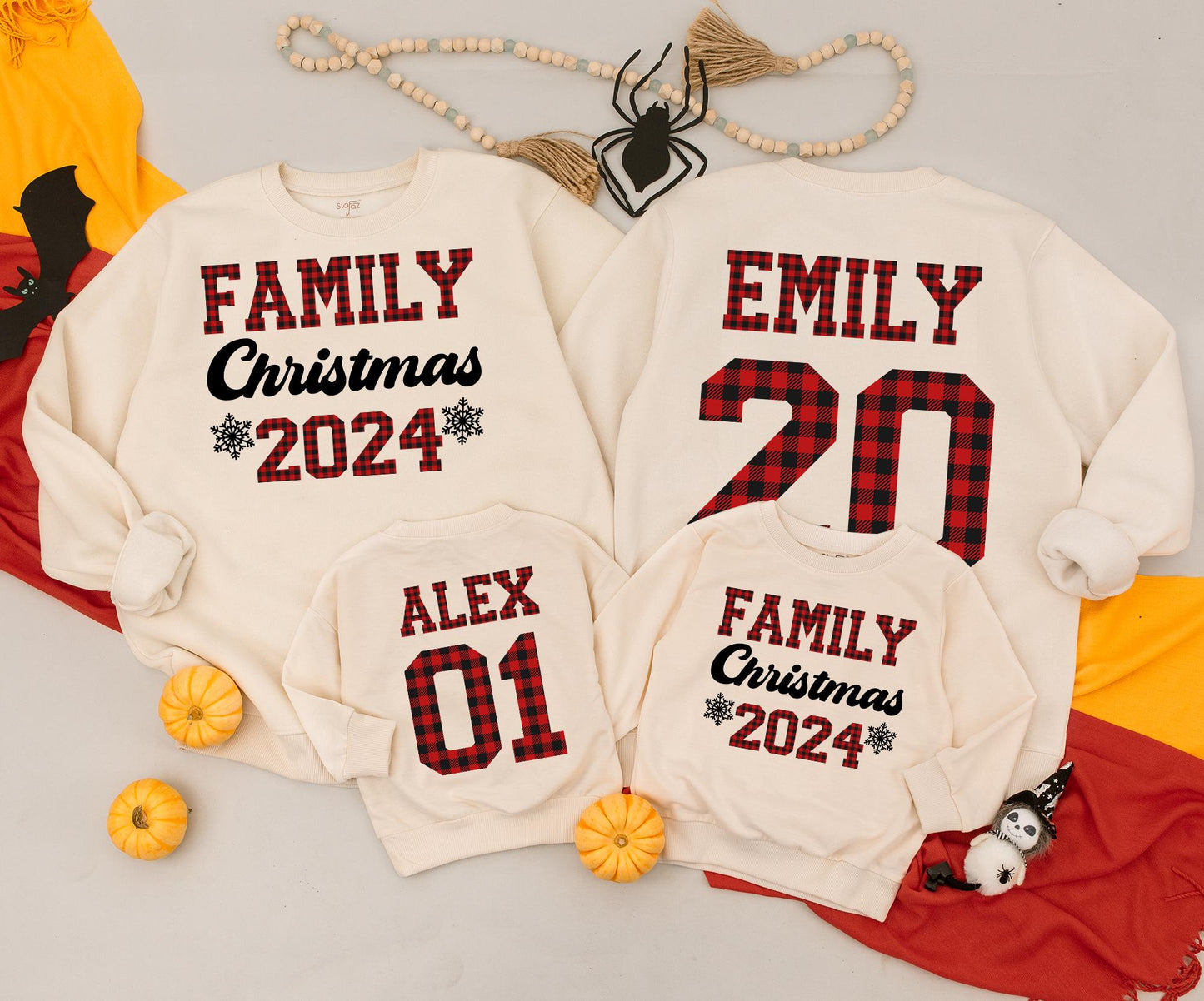 Personalized Family Christmas Sweatshirts 2024, Matching Buffalo Plaid Sweaters for Family, Custom Name Christmas Crew Baby Romper, Festive Holiday