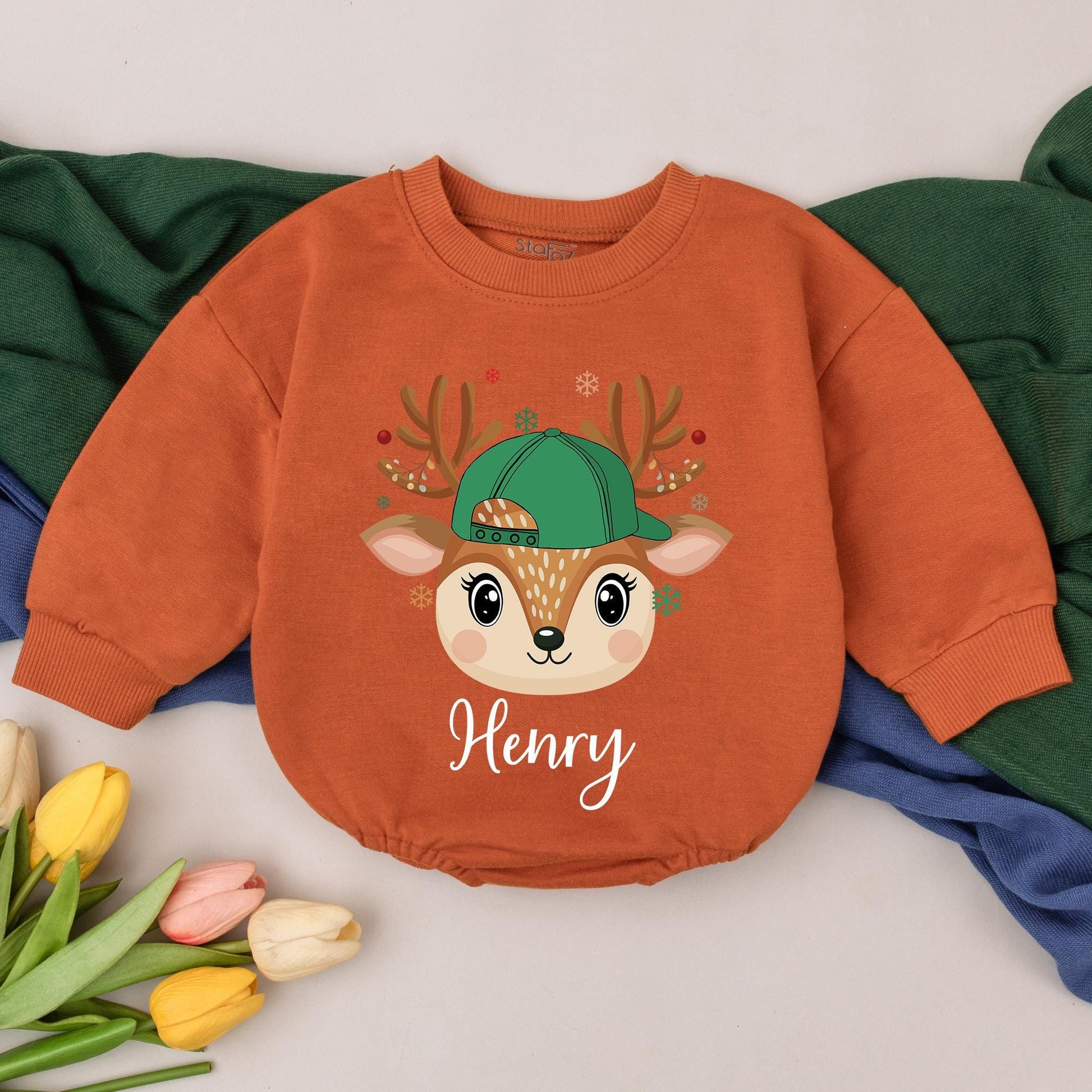 Personalized Christmas Reindeer Romper First Baby Holiday Outfit Cute Whimsical Green Capped Antlered Reindeer With Berries Snowflakes Infant Boy Gift