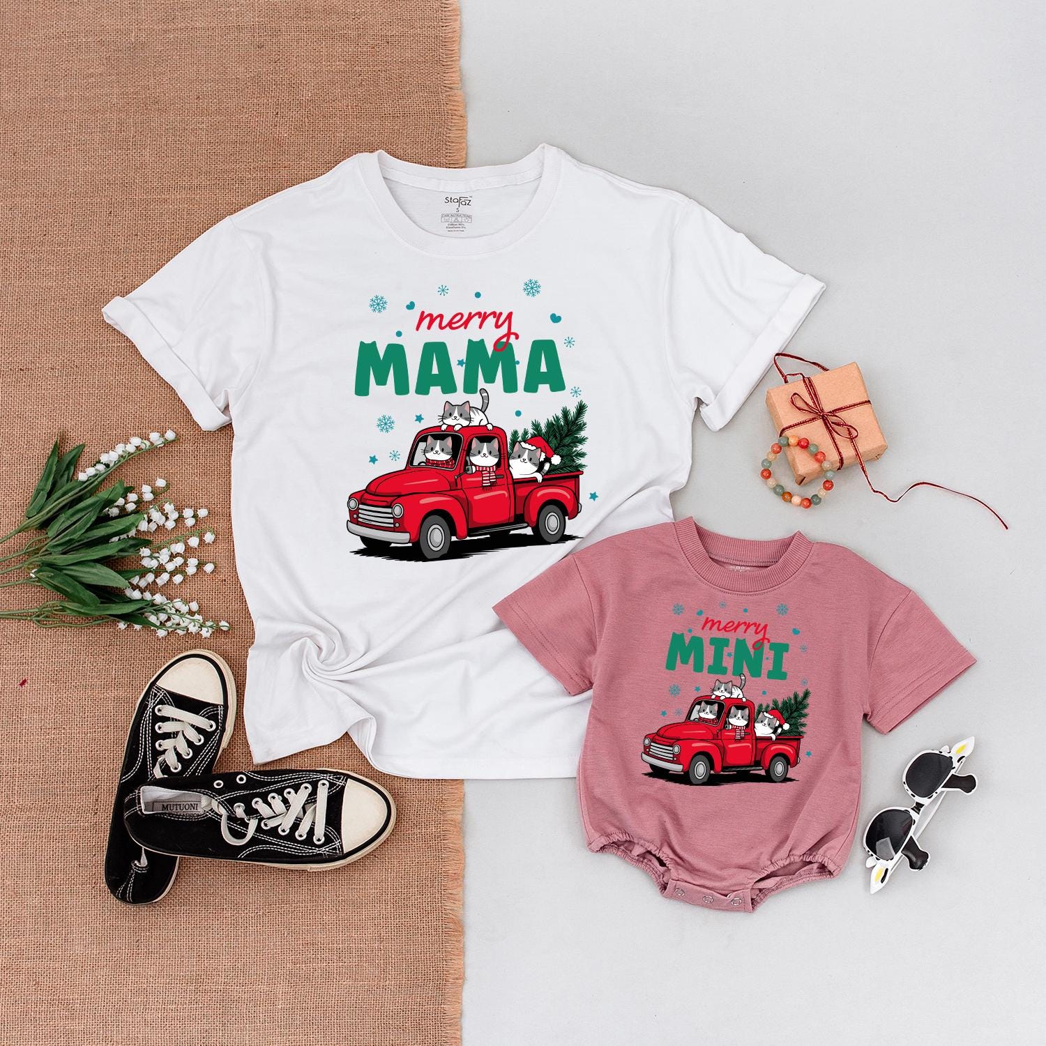 Merry Mama & Mini Christmas Truck Matching Shirts, Cute Cat Family Holiday Outfit, Baby's First Christmas Gift, Festive Mom and Son Tee, Soft Cotton 139