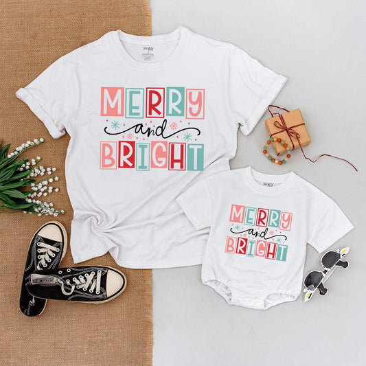 Merry and Bright Family Christmas Shirts Matching Outfit Cute Holiday Tee Mom Boy Xmas Gift Playful Festive Design First Christmas Baby Shower 138chars