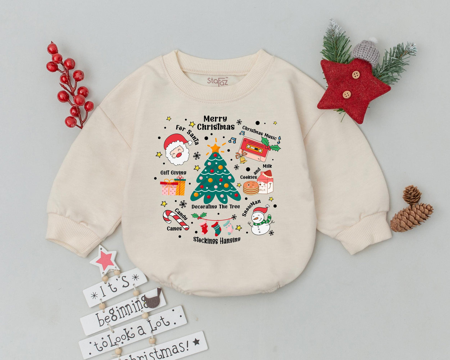 Cute Christmas Doodle Bubble Romper Festive Baby Outfit with Santa Snowman Tree Gifts & Cassette Whimsical Infant Bodysuit Holiday Gift