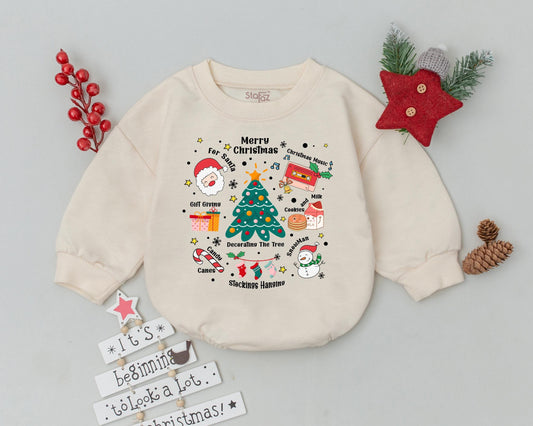 Cute Christmas Doodle Bubble Romper Festive Baby Outfit with Santa Snowman Tree Gifts & Cassette Whimsical Infant Bodysuit Holiday Gift