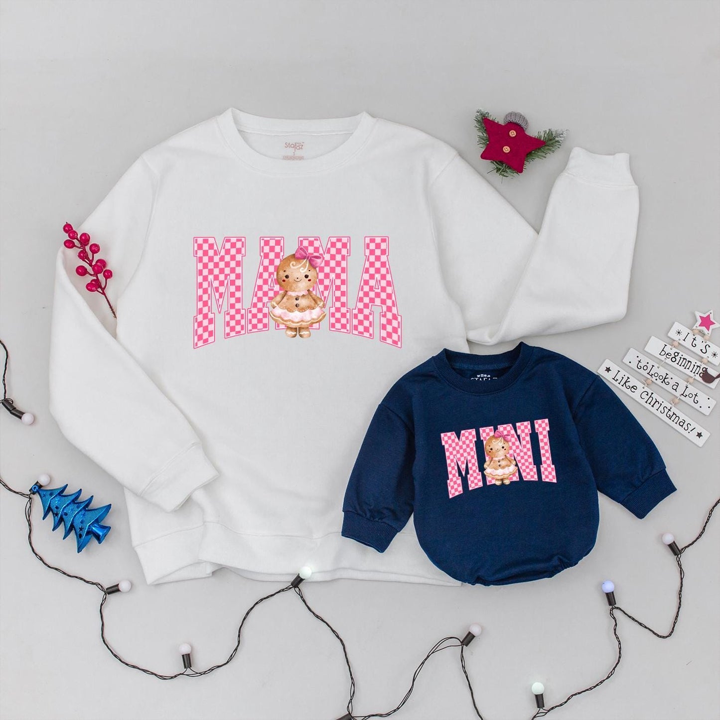 Mama Mini Matching Christmas Sweatshirts Pink Checkerboard Gingerbread Cookie Family Holiday Outfit Cute Baby Girl Trendy Kids Style