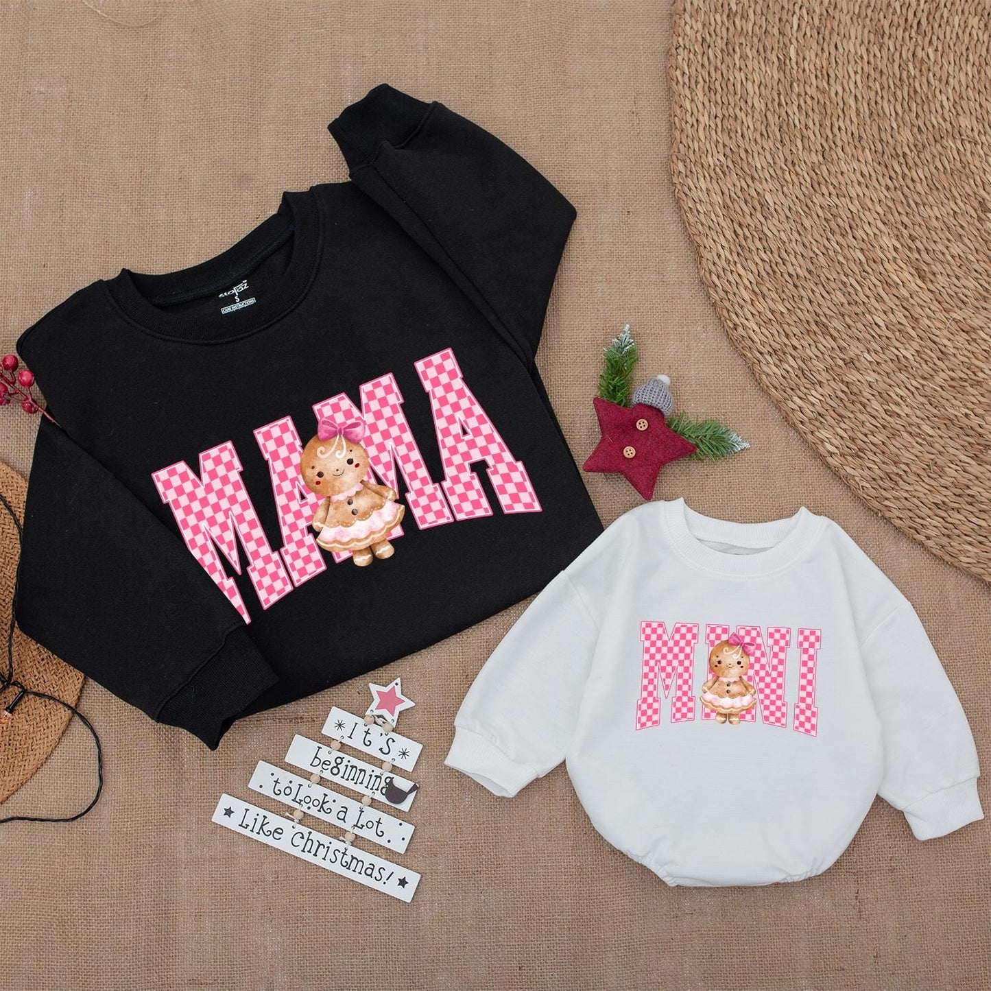 Mama Mini Matching Christmas Sweatshirts Pink Checkerboard Gingerbread Cookie Family Holiday Outfit Cute Baby Girl Trendy Kids Style