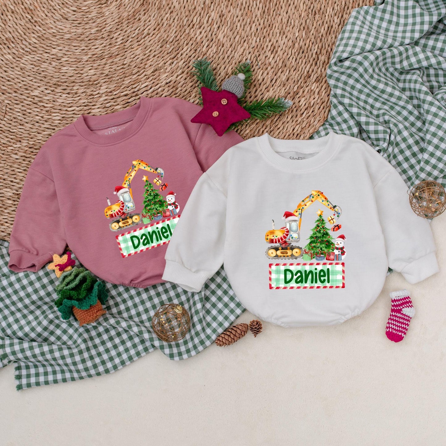 Personalized Boy's Christmas Excavator Romper, Custom Name Holiday Outfit, Watercolor Truck Baby Bodysuit, Winter Clothes, Christmas Baby Shower Gift 139