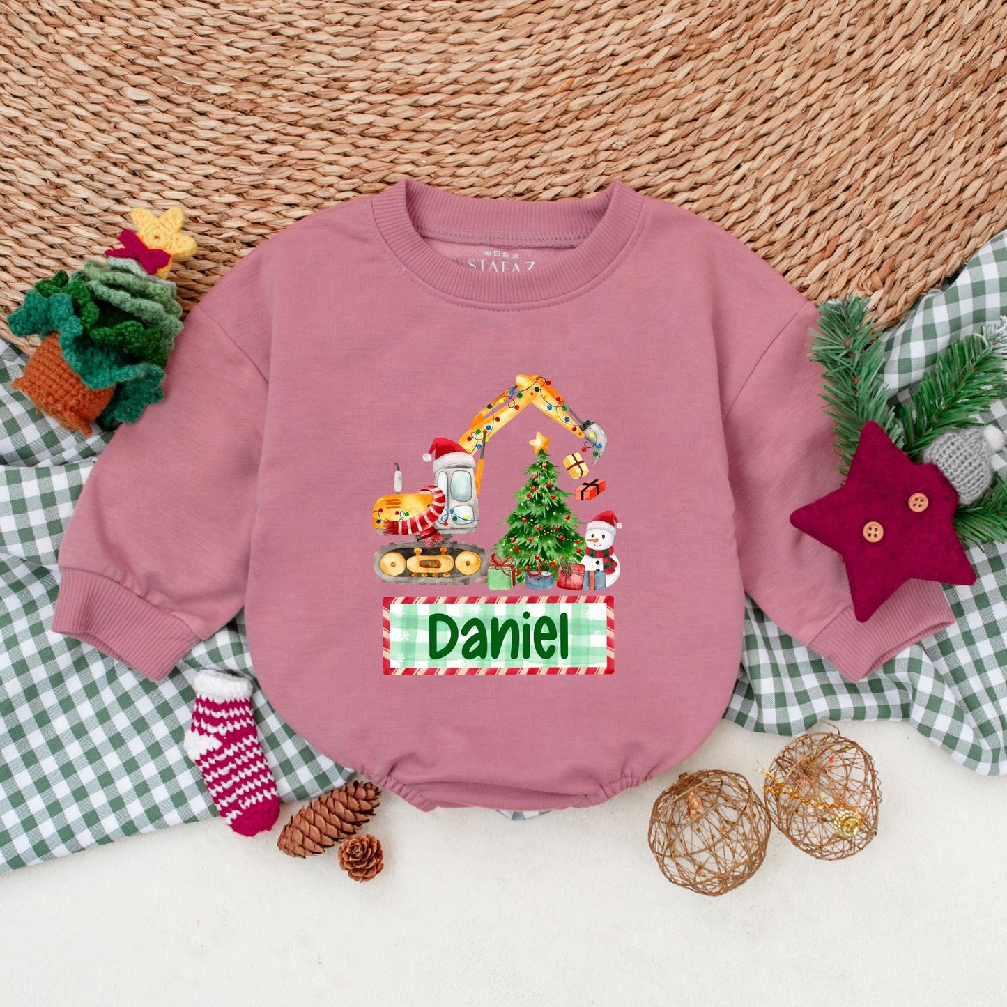 Personalized Boy's Christmas Excavator Romper, Custom Name Holiday Outfit, Watercolor Truck Baby Bodysuit, Winter Clothes, Christmas Baby Shower Gift 139