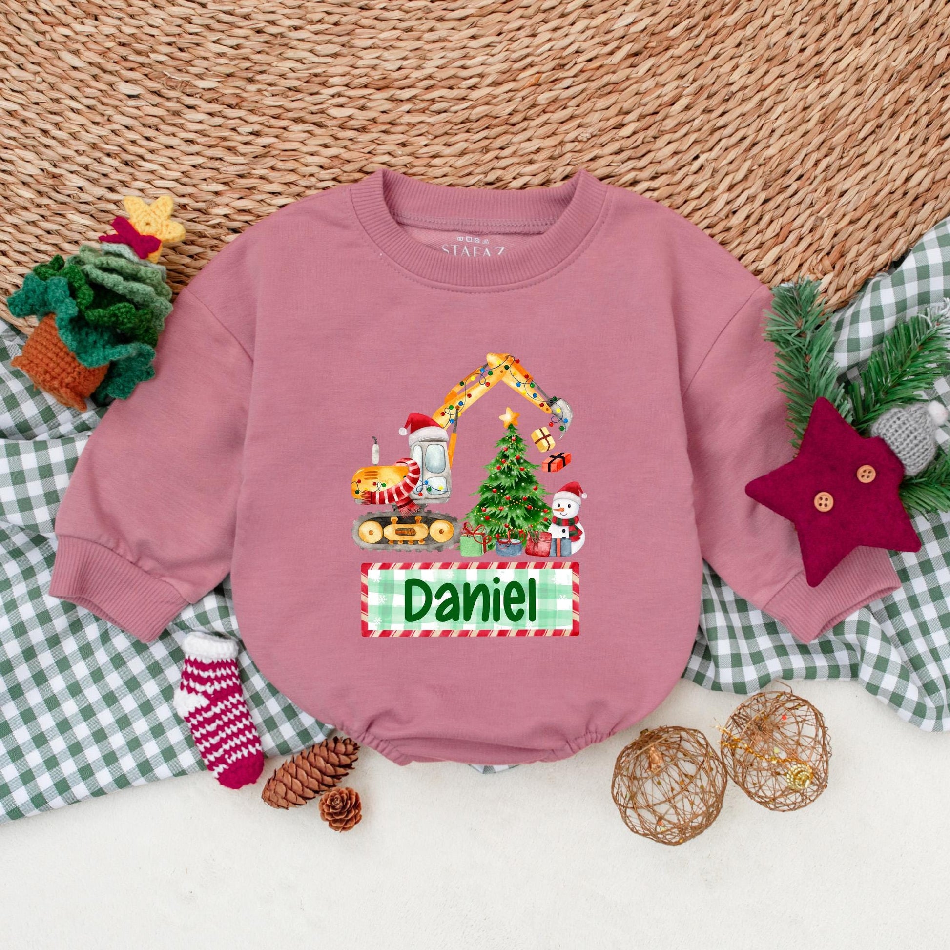 Personalized Boy's Christmas Excavator Romper, Custom Name Holiday Outfit, Watercolor Truck Baby Bodysuit, Winter Clothes, Christmas Baby Shower Gift 139