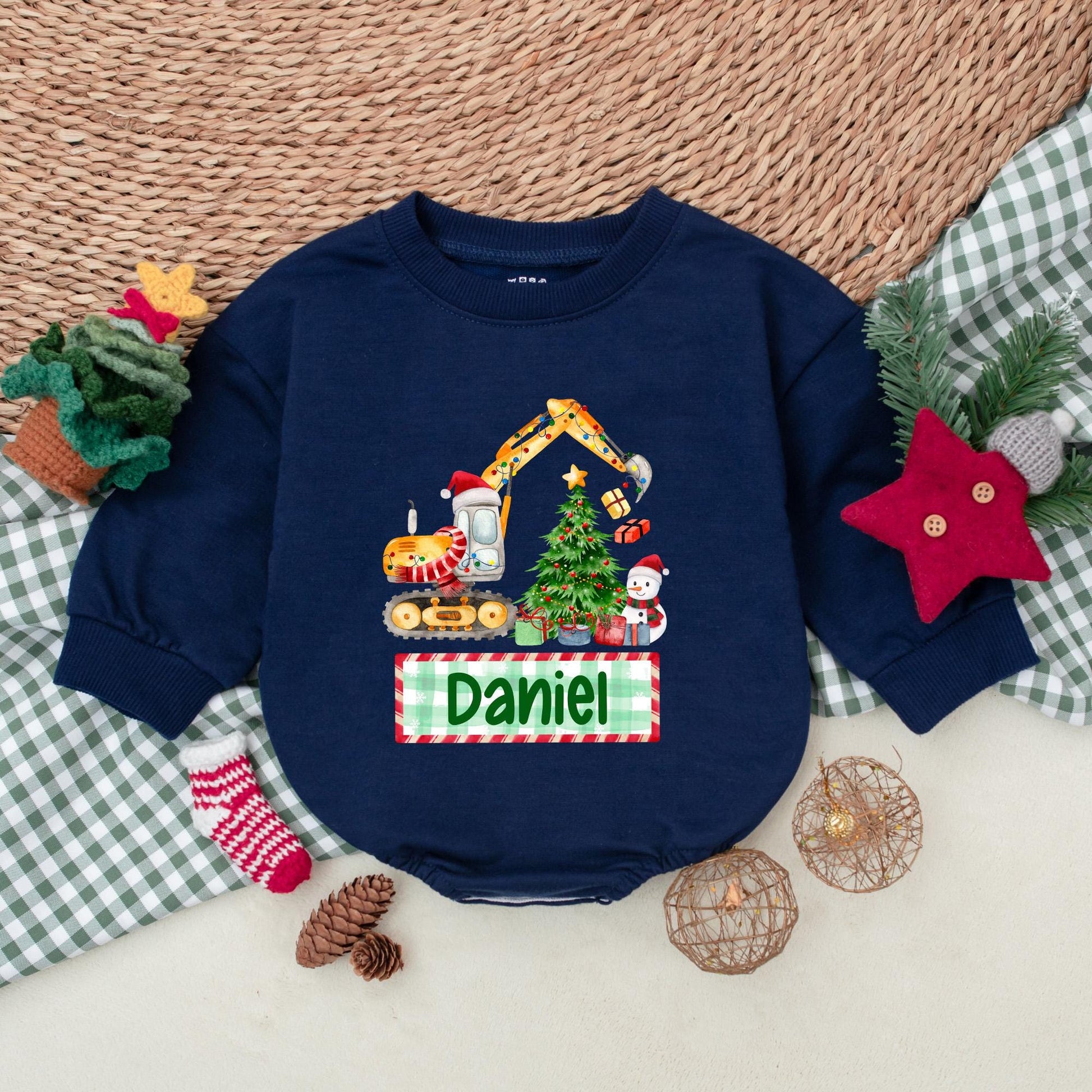 Personalized Boy's Christmas Excavator Romper, Custom Name Holiday Outfit, Watercolor Truck Baby Bodysuit, Winter Clothes, Christmas Baby Shower Gift 139