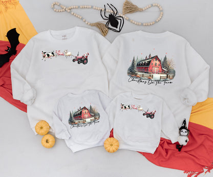 Christmas On The Farm Mommy and Me Matching Outfits: Santa Tractor Farmhouse Sweatshirt, Baby Romper & Vintage Holiday Tee