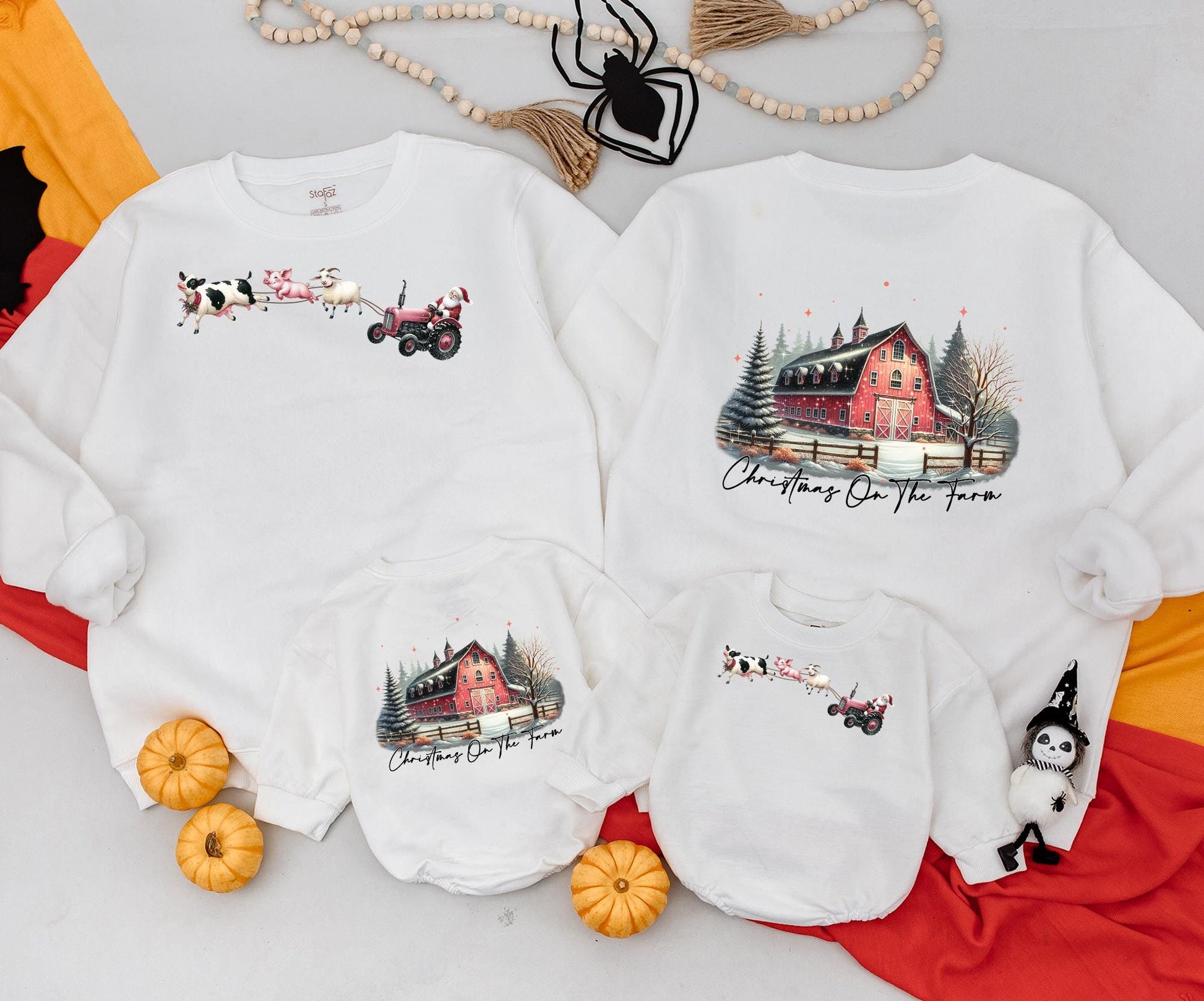 Christmas On The Farm Mommy and Me Matching Outfits: Santa Tractor Farmhouse Sweatshirt, Baby Romper & Vintage Holiday Tee