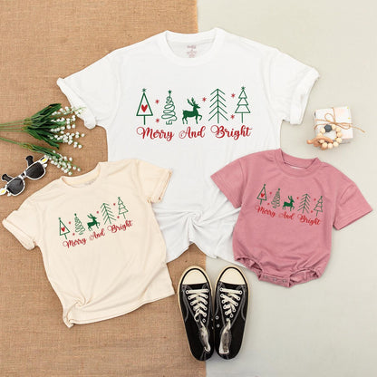 Merry & Bright Christmas Family Matching Shirts, Cute Xmas Trees & Reindeer, Holiday Outfit, Soft Cotton Gift for Her, Mom & Son Party Clothes (137 chars)