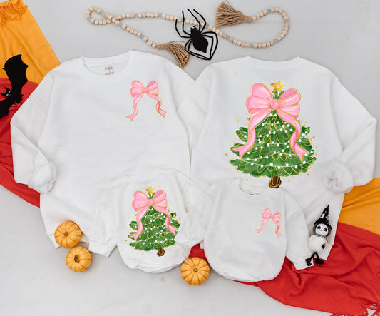 Christmas Bow Tree Sweatshirt Women's Outfit, Festive Holiday Clothing, Cute Coquette Newborn Romper, Baby's 1st Christmas, Mommy and Me Matching Outfit
