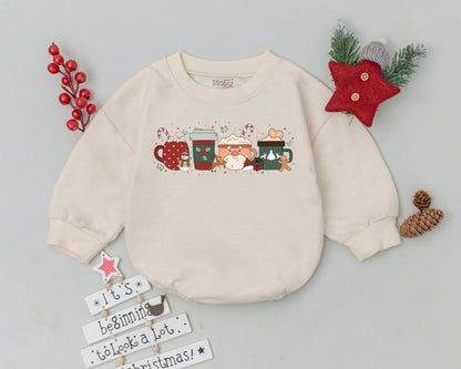 Cute Christmas Coffee Cup Bubble Romper Newborn Baby Outfit Adorable Festive Snowman Gingerbread Reindeer Design Infant Bodysuit Gift